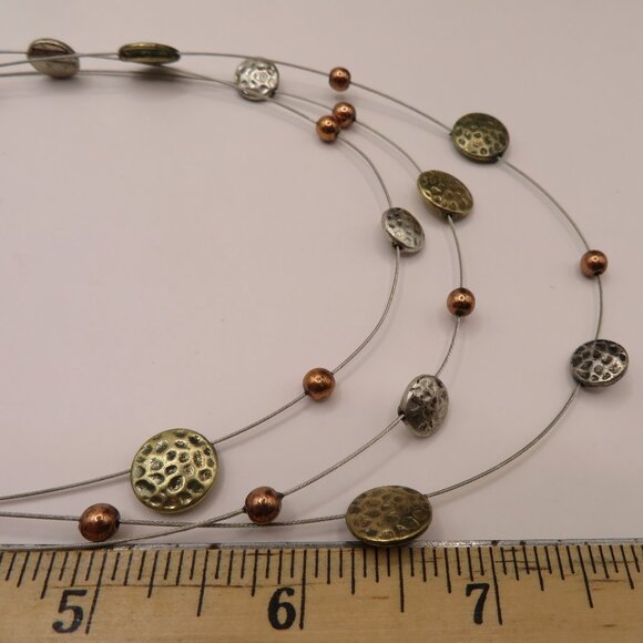 Floating Wire Gold Silver Tone Hammered Discs and Beads Necklace - Picture 5 of 6
